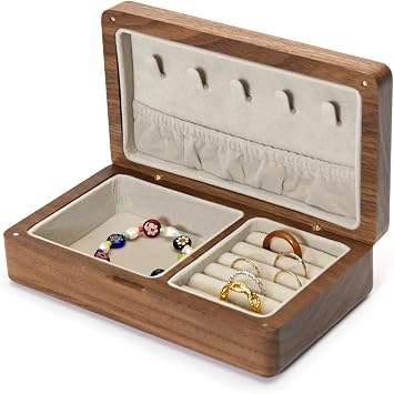pandapark Wooden Jewelry Box with Ring Holder, Ring Storage,Earing Organizer,Beige Velvet Interior, Dual Compartments Walnut Master