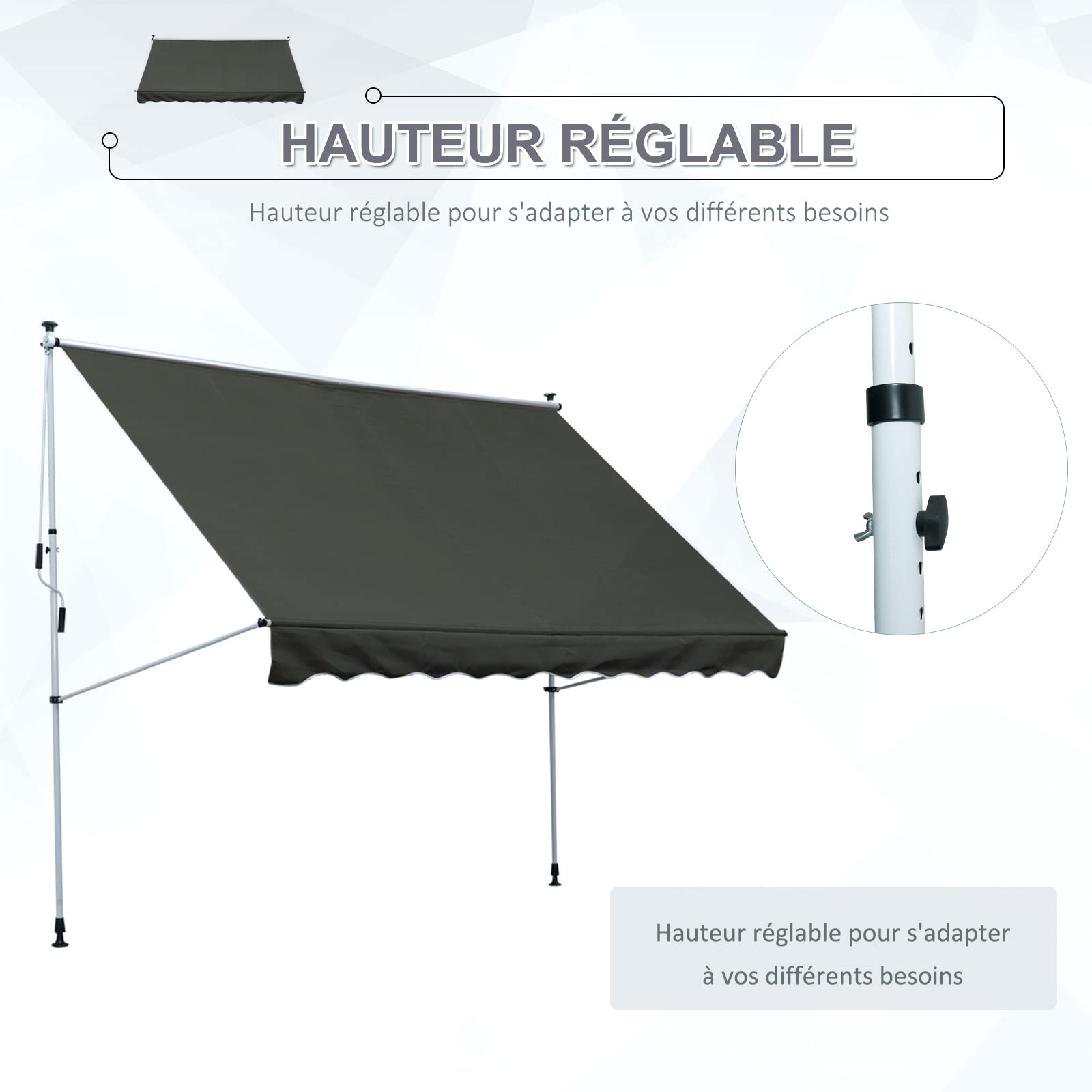 Outsunny Store banne Manuel rétractable 3L x 1,5l m Auvent Téléscopique sans Perçage Inclinaison et Hauteur réglable Installation Rapide métal alu Polyester Anti-UV Gris