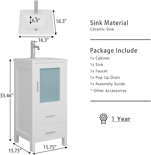 Miniatura 2 de Tocador de baño pequeño de 16 pulgadas con fregadero, lavabo individual combinado para espacio pequeño, gabinete de lavabo de baño moderno con grifo