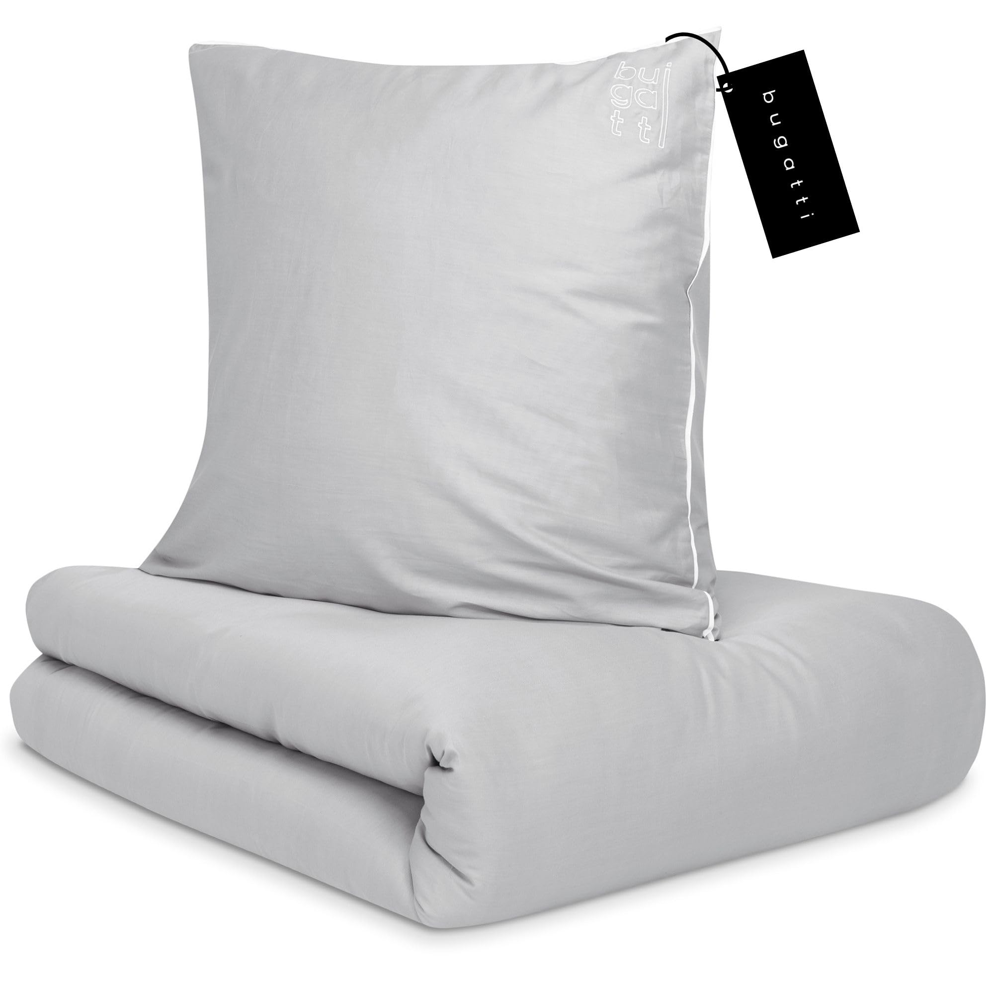 bugatti Bettwäsche 135x200 cm - 100% Baumwolle, Reißverschluss, anschmiegsam, weich & waschbar, Satinbettwäsche hellgrau einfarbig