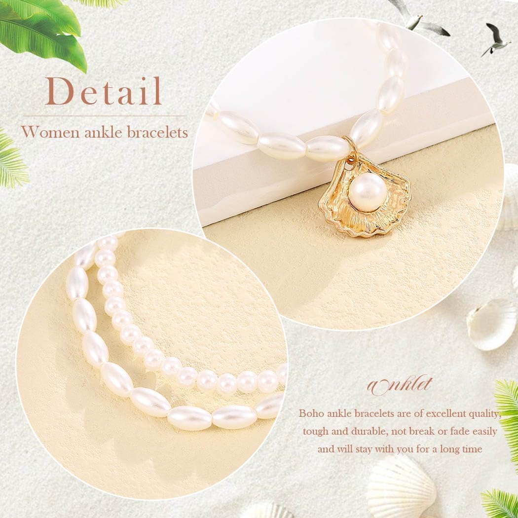 Boho Pearl Anklets for Women - 2Pcs Pearl Anklet Beaded Layered Ankles Bracelets Shell Pendant Elastic Foot Chain Shell Anklets for Women Fashion Jewelry - Image 3