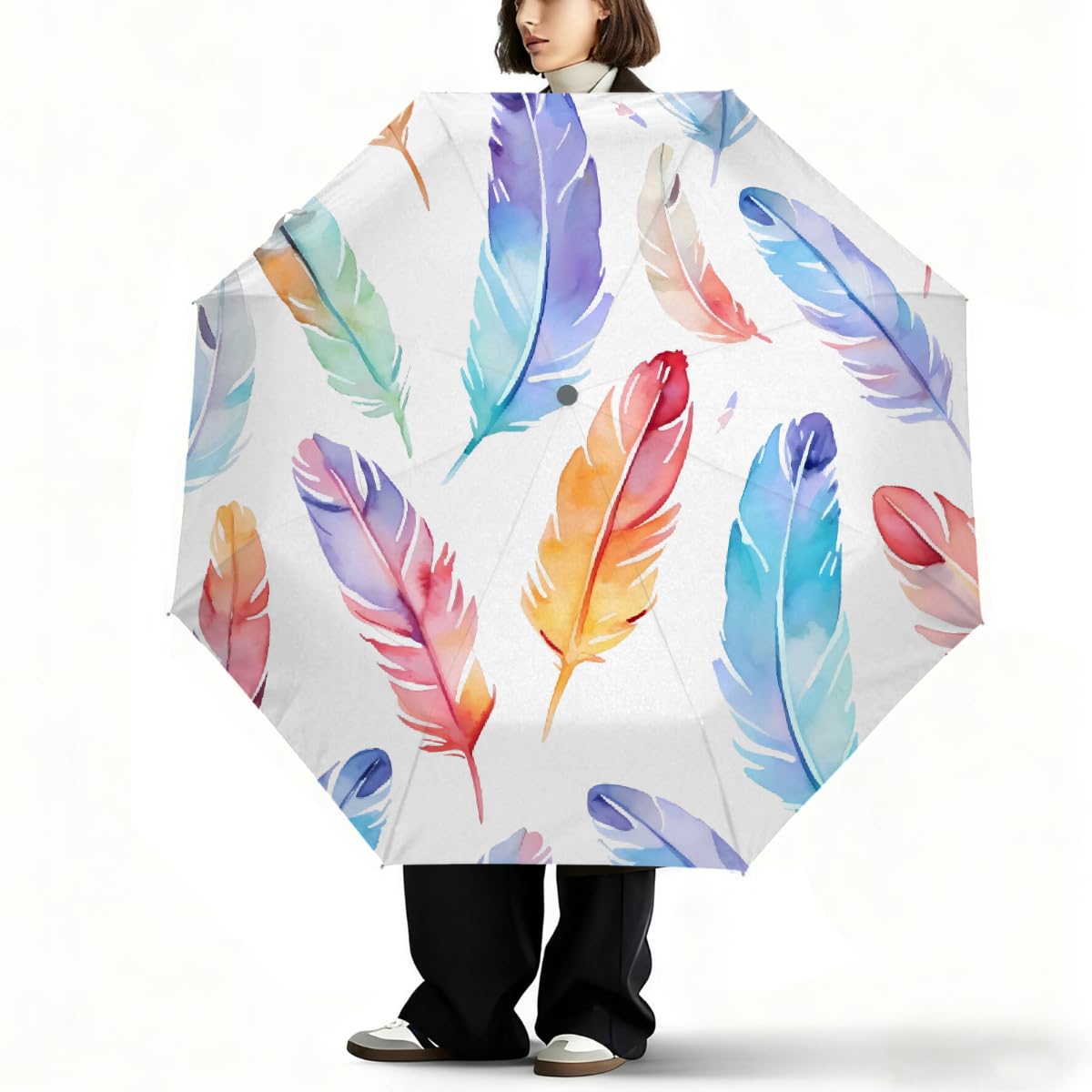 Ombrello pieghevole con piume di uccello acquerello, ombrello da viaggio, compatto, antivento, impermeabile, con protezione UV, rivestimento nero, leggero, 8 costine, portatile, per pioggia e