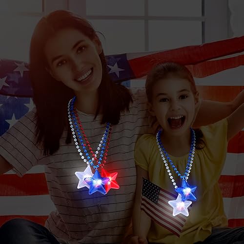 Miniatura 6 de Sasylvia 12 collares con luz LED del 4 de julio, collar patriótico con luces LED para el Día de la Independencia, collares con 3 modos intermitentes