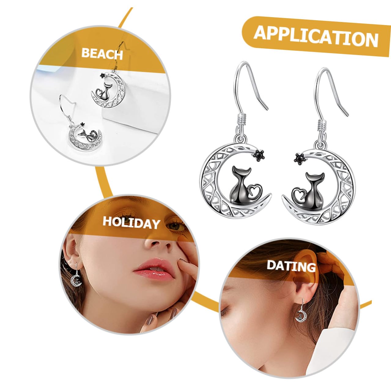 ifundom Orecchini Pendenti a Forma di Gatto e Mezzaluna per Donna, Gioielli Neri Design Elegante, Accessorio Regalo per Amanti dei Gatti e Uso Quotidiano