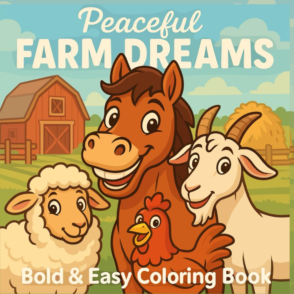 FARM DREAMS: Simple Farm Animal Coloring Pages for Kids Adult Teens / Stress-Free, Cute,Bold and Easy-to-Color Country Scenes