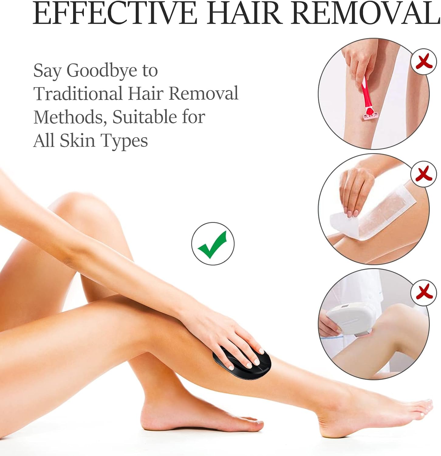 Crystal Hair Eraser, Painless Hair Removal Tool, Reusable Hair Remover for All Body Parts (Black)