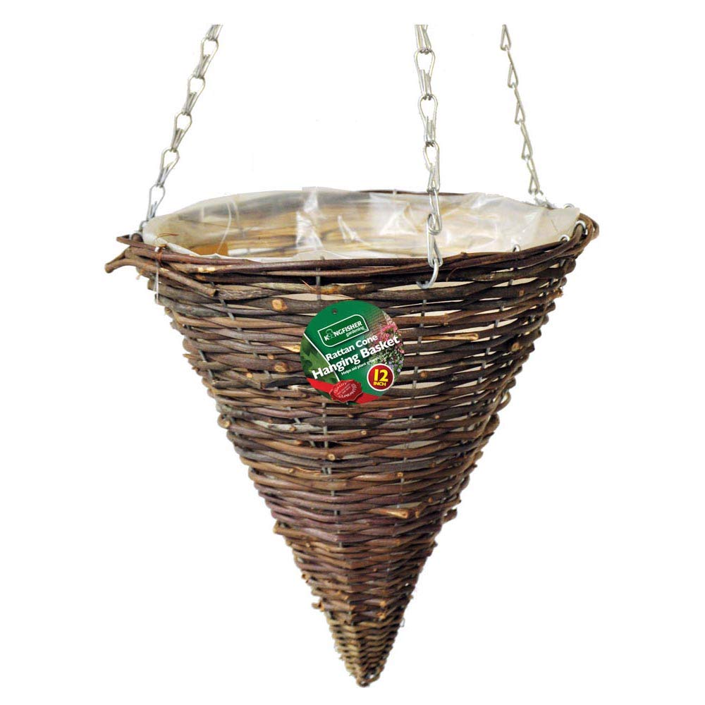 Kingfisher 12Inch Dark Rattan Cone Shape Heavy Duty Hanging Basket Flower Plant Pot Planter
