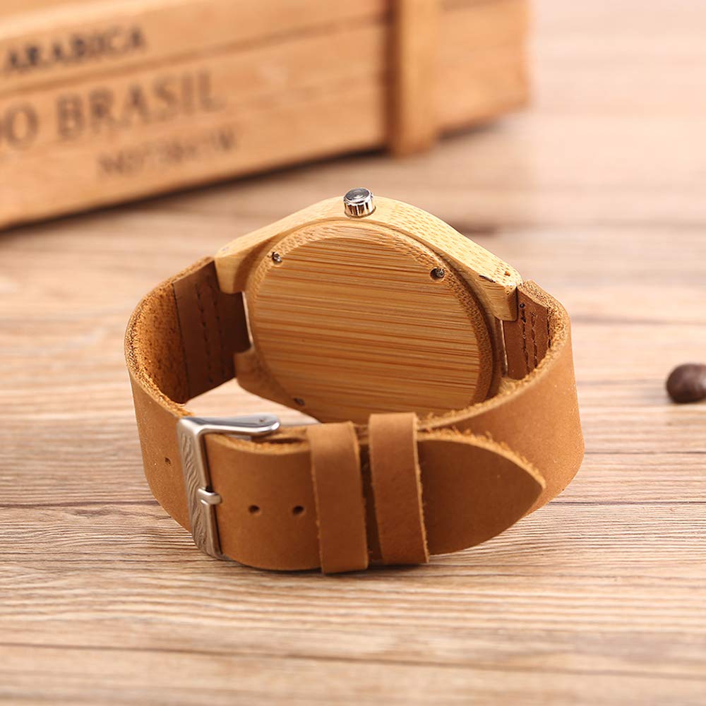 Kim Johanson Orologio da polso da uomo, in legno di bambù, colore marrone, con vera pelle, realizzato a mano, al quarzo, analogico, con confezione regalo inclusa, bambù, Senza pietra.