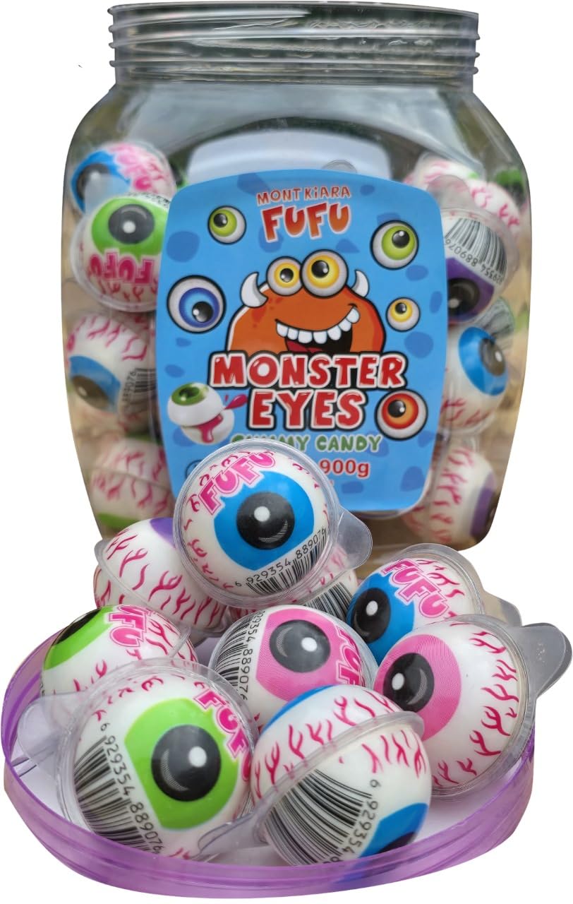 MONT KIARA FUFU Monster Eyes Lot de 50 bonbons en caoutchouc, yeux 3D, 900 g, fruités, pour Halloween, emballés individuellement, certifiés Halal, idéaux pour les fêtes, les anniversaires d'enfants et