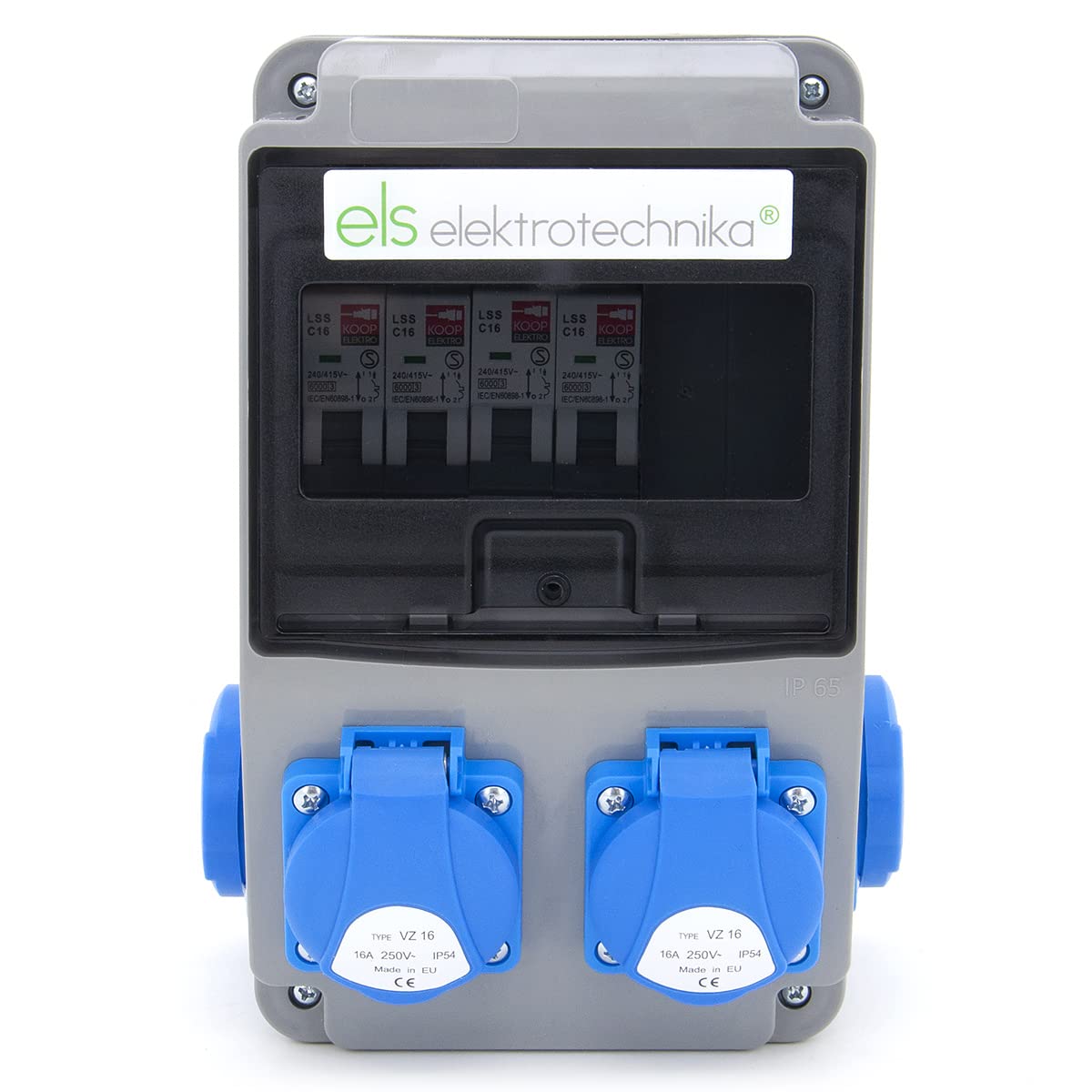 ELS Elektrotechnika - Distribuidor de enchufes para construcción, de pared, 4 Schuko, 230 V, 4 disyuntores C16, listo para conectar, cableado, para interior y exterior, talleres y fábricas, IP54