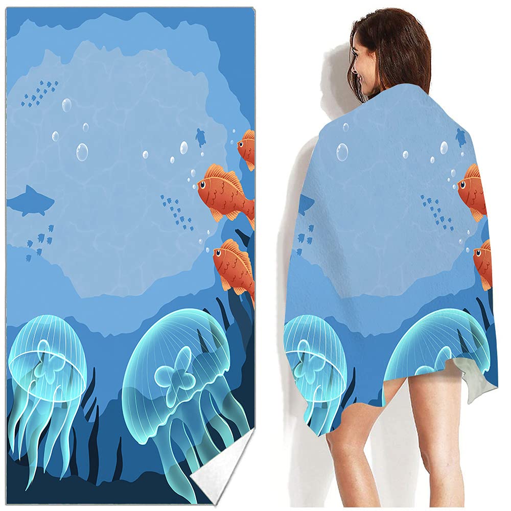 LYVQZPWLR Microfibre Beach Towel， Microfibre Beach Towel Large Soft Adult Child Travel Sports Gym Multicolor Multiple Sizes(Jellyfish Blue Fish,70x150cm)