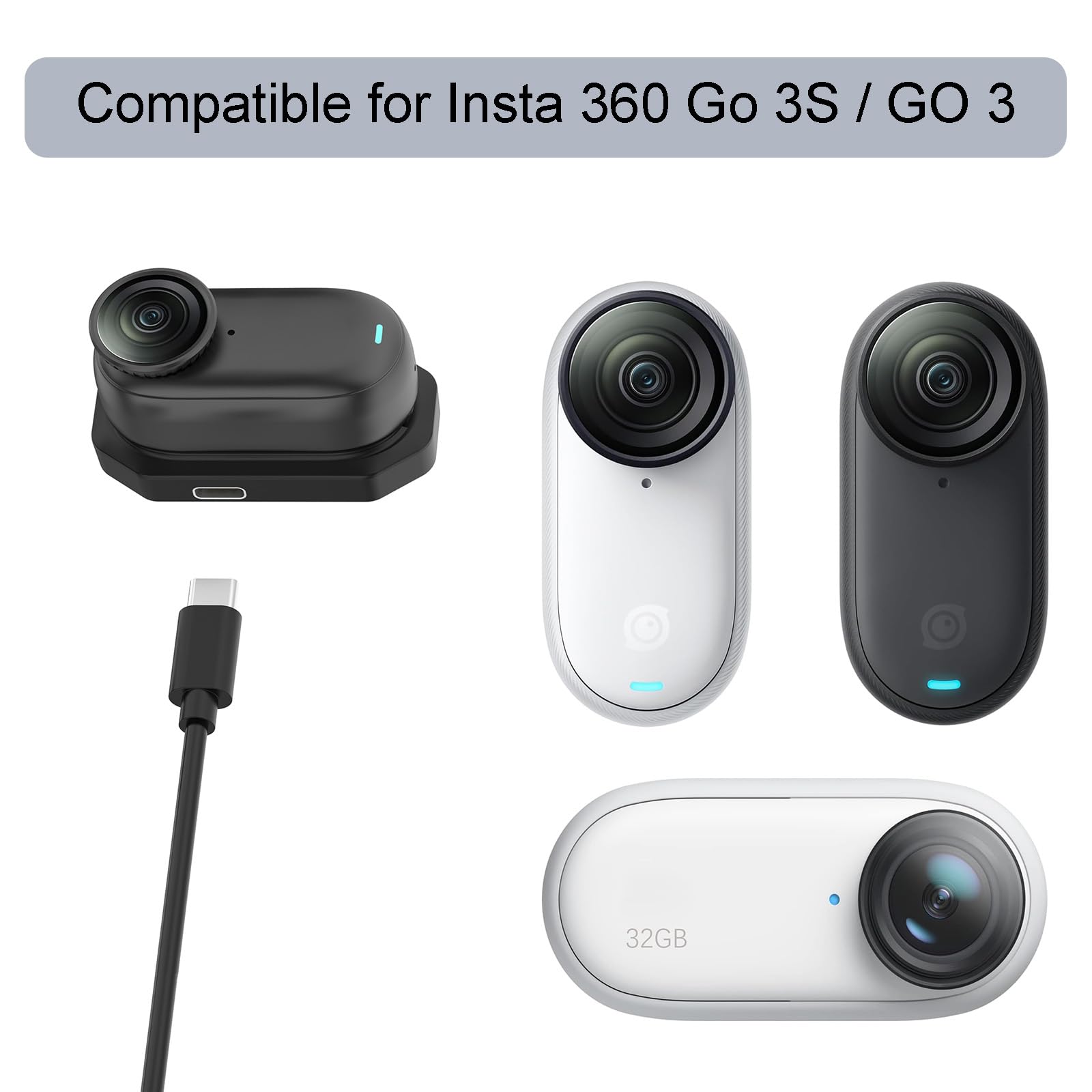 Stazione di ricarica per Insta360 Go 3/Go 3S Caricabatterie di ricambio (2 cavi USB-A e Type-C)