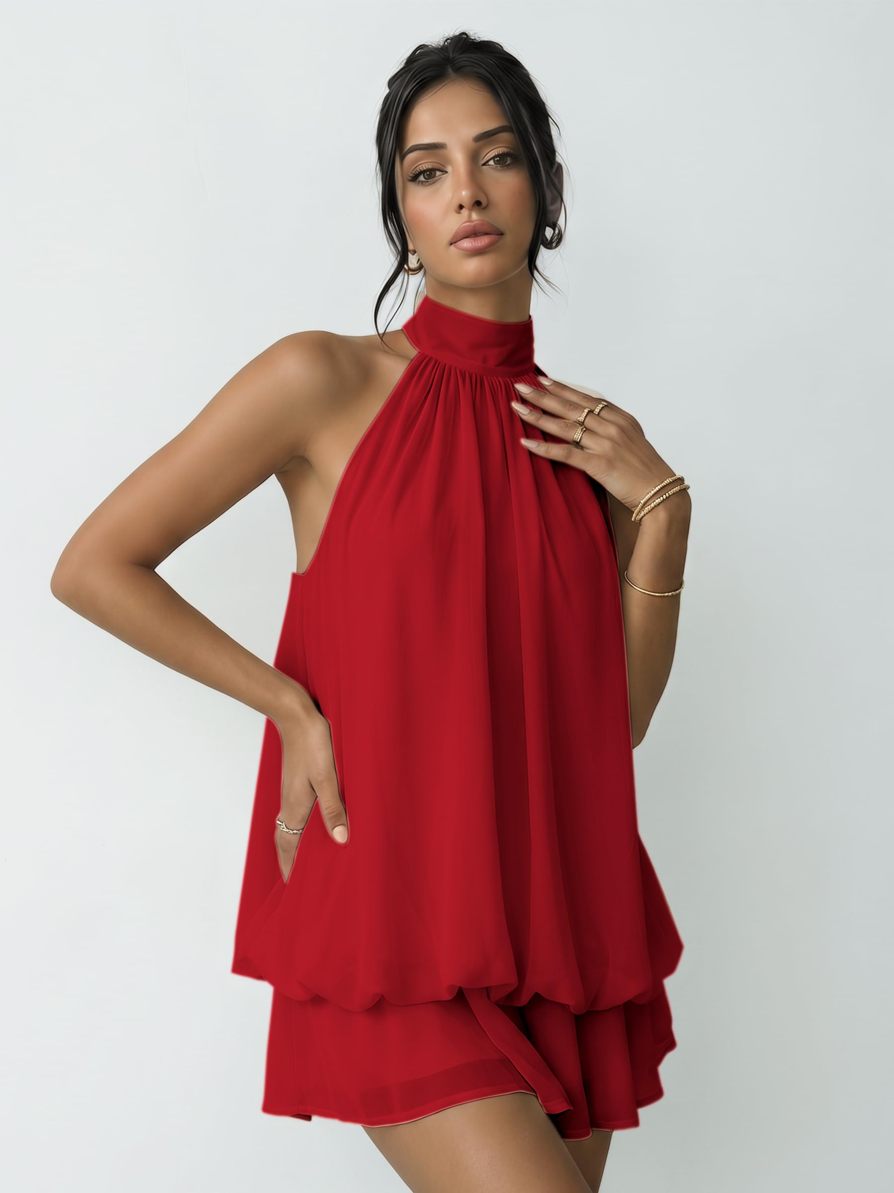 Vestido Mujer Sexy Sin Mangas Mini Vestidos Halter Elegantes Verano Vestido Espalda Descubierta con Volantes Ligero Fluido Vestidos Holgado de Gasa Casual Dress para Fiesta Playa Cocktail