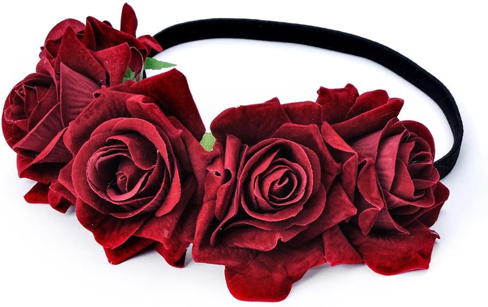 DreamLily Rose Flower Crown Wedding Festival Headband Hair Garland Wedding Headpiece (1-Burgundy)