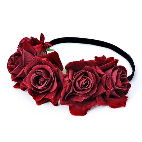 DreamLily Rose Flower Crown Wedding Festival Headband Hair Garland Wedding Headpiece (1-Burgundy)