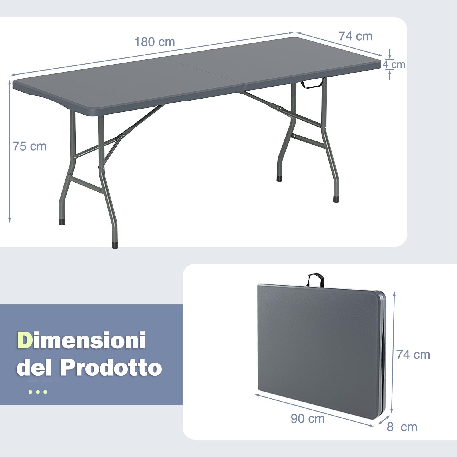 COSTWAY Tavolo Pieghevole Portatile da 180 cm, Tavolo da Campeggio in HDPE, Meccanismo di Blocco Sicuro, Tavolo da Picnic con Maniglia, Portata 160 kg (180 cm,Grigio)