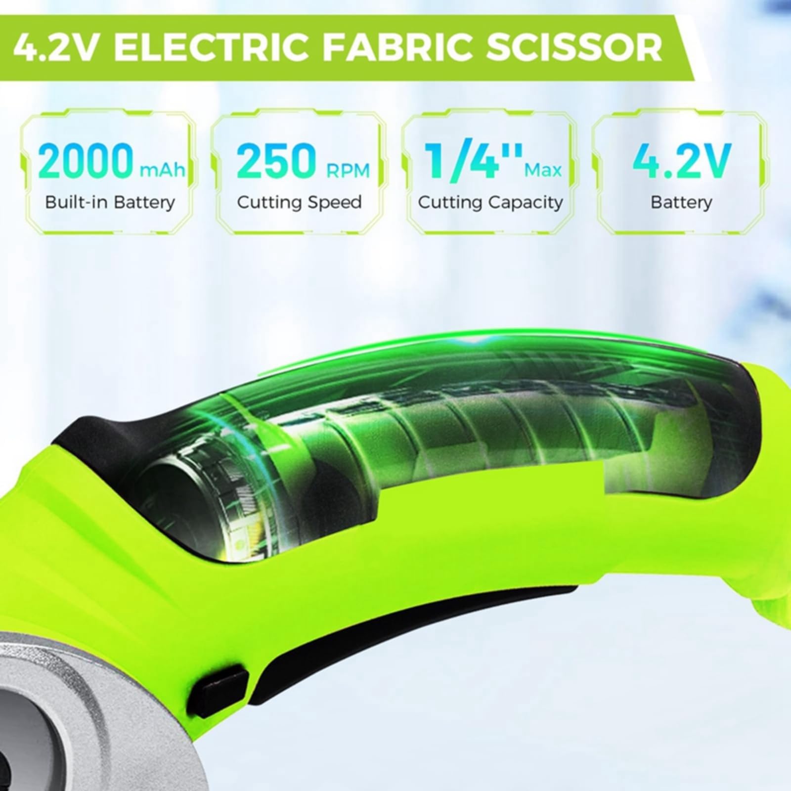 Candeon Elektrische schaar, 4,2 V/2,0 Ah draadloze rolsnijder, kartonsnijder, universele snijder, oplaadbare rotatiesnijder, accuschaar voor papier, karton, tapijt, leer, stoffen