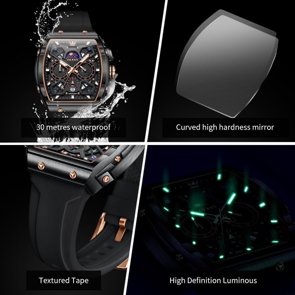 OLEVS Watch for Men Chronograph Brown Leather Gold Case Analog Quartz Fashion Business Dress Large Face Men Watch Day Date Luminous Waterproof Casual Male Wrist Watch Black/Blue/White Dial - Image 4