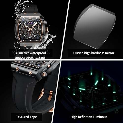 Miniatura 5 de OLEVS Relojes Hombres Cronógrafo Impermeable Rectángulo Cara Luna Fase Relojes para Hombres Calendario de Cuarzo Luminoso Reloj de Pulsera para