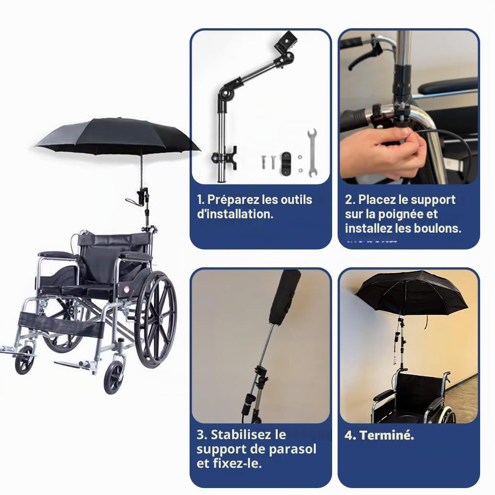 Parapluie pour fauteuil roulant avec support – Pare-soleil électrique pour fauteuil roulant – Support réglable pour parasol excentrique coupe-vent