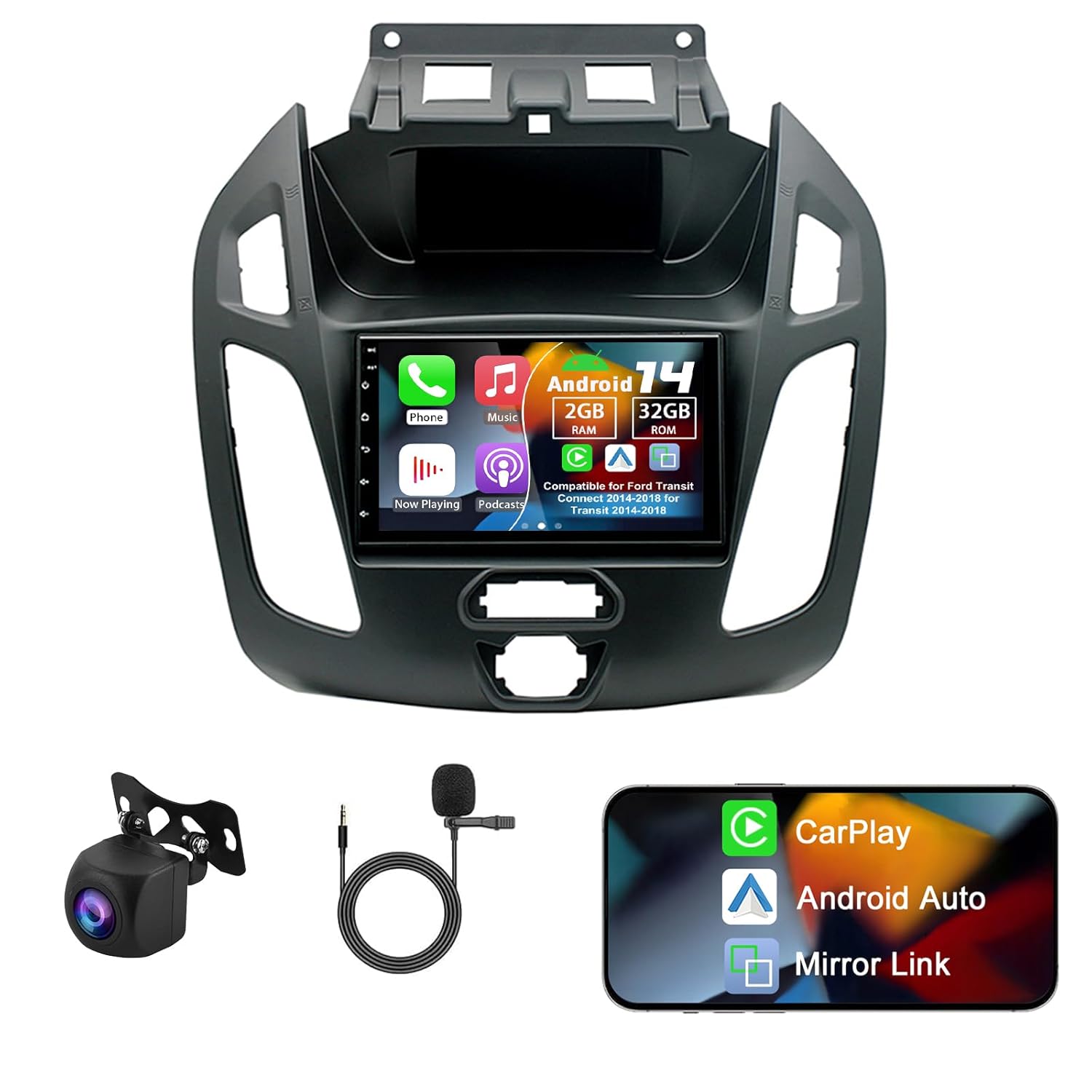 Android 13 Double Din Car Radio Compatible with Ford Transit Connect for Transit 2014-2018 2G 32G 7 Touch