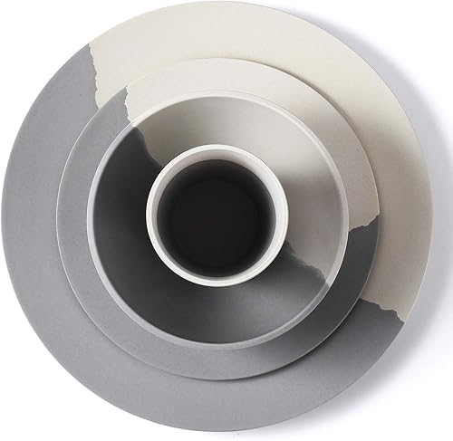 Miniatura 7 de MORGIANA Juego de vajilla de bambú de 8 piezas, platos reutilizables, tazones, platos de picnic para campamento, juego de vajilla para 2 (gris y