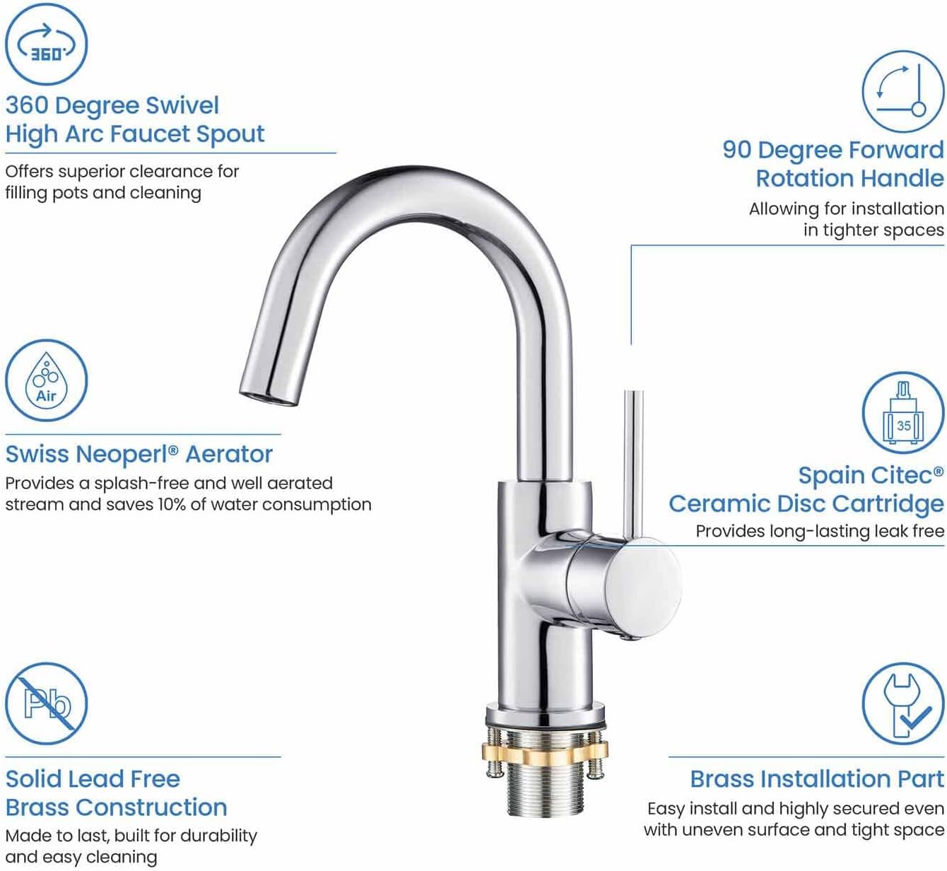 KIBI Single Handle Bathroom Sink Faucet with Pop Up Drain, High Arc Spout | Solid Brass Construction | Durable Ceramic Cartridge | Leak-Free Technology | Chrome Finish, KBF1021