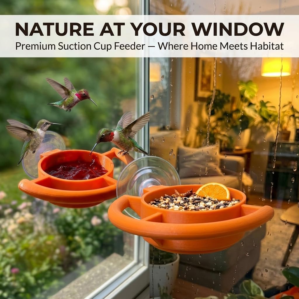 Window Bird Feeder with Strong Suction Cups, Orange Oriole and Hummingbird Feeder for Outside Window, Weatherproof Wild Bird Feeder