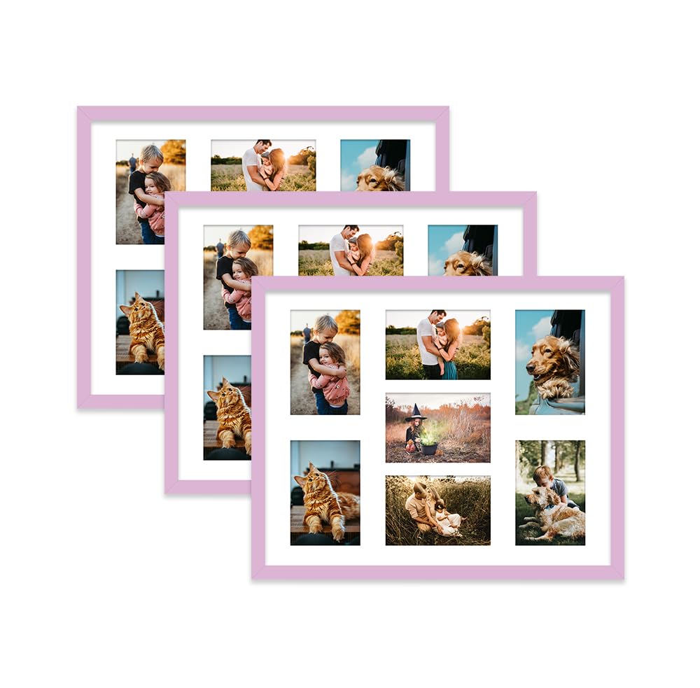 Lilac Multi Photo Frame - Holds 7 x 6x4 Pictures, Family Collage Picture Frame for Wall Display, 20x16 Frame size, Set of 3