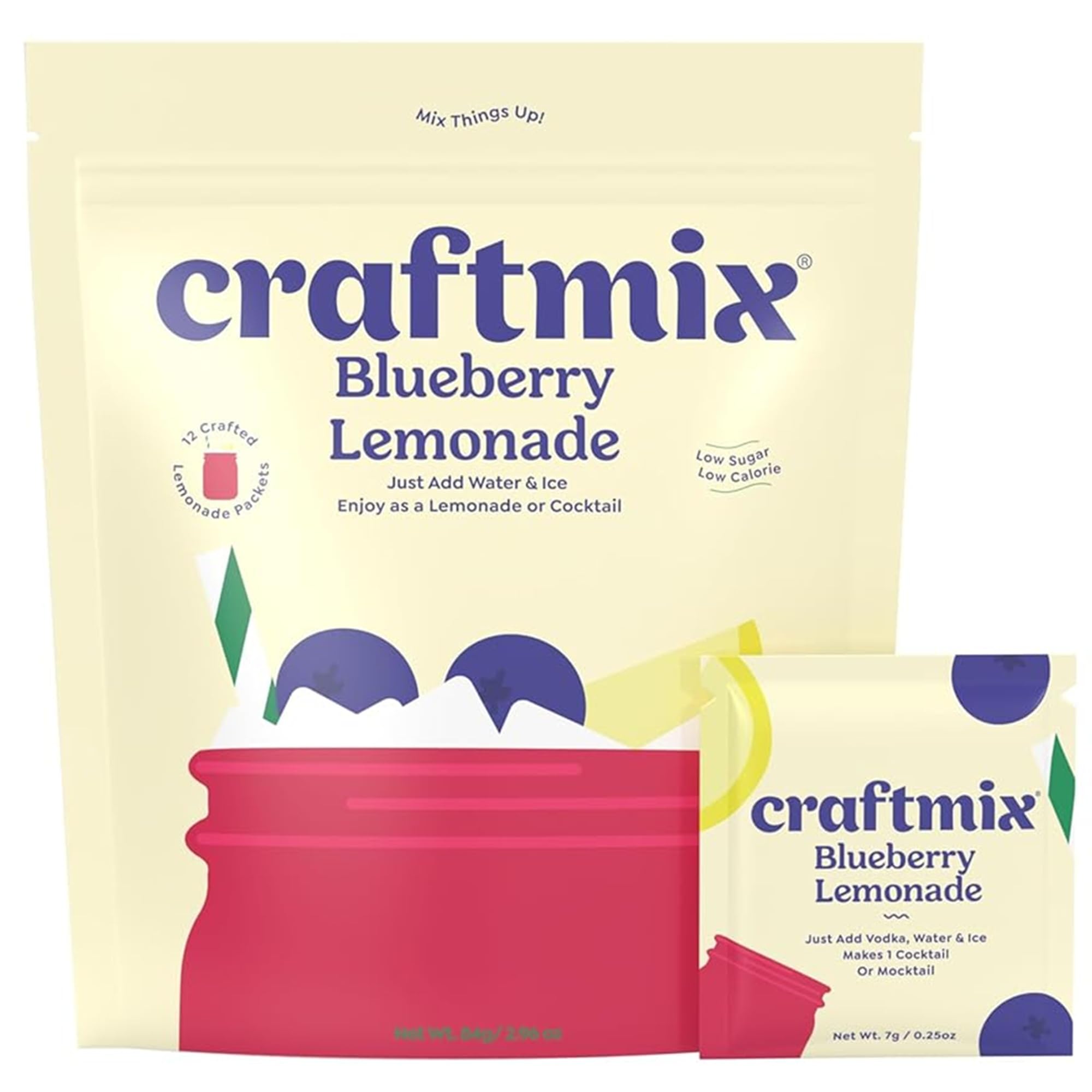 Craftmix Blueberry Lemonade Mix, 12 Packets, Easy Powder Drink with Real Fruit, Low-Sugar, Vegan, Low-Carb, Non-GMO, Dairy-Free, Gluten-Free, Flavored Water Enhancer, On-the-Go Water Flavoring Packets
