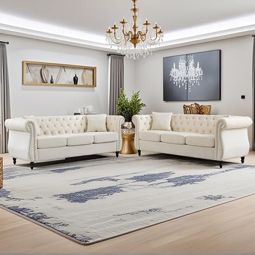 Miniatura 7 de Juego de 2 sofás modernos de terciopelo beige de 80 pulgadas de 3 plazas, respaldos tapizados con brazos de cabeza de clavos enrollados de 8