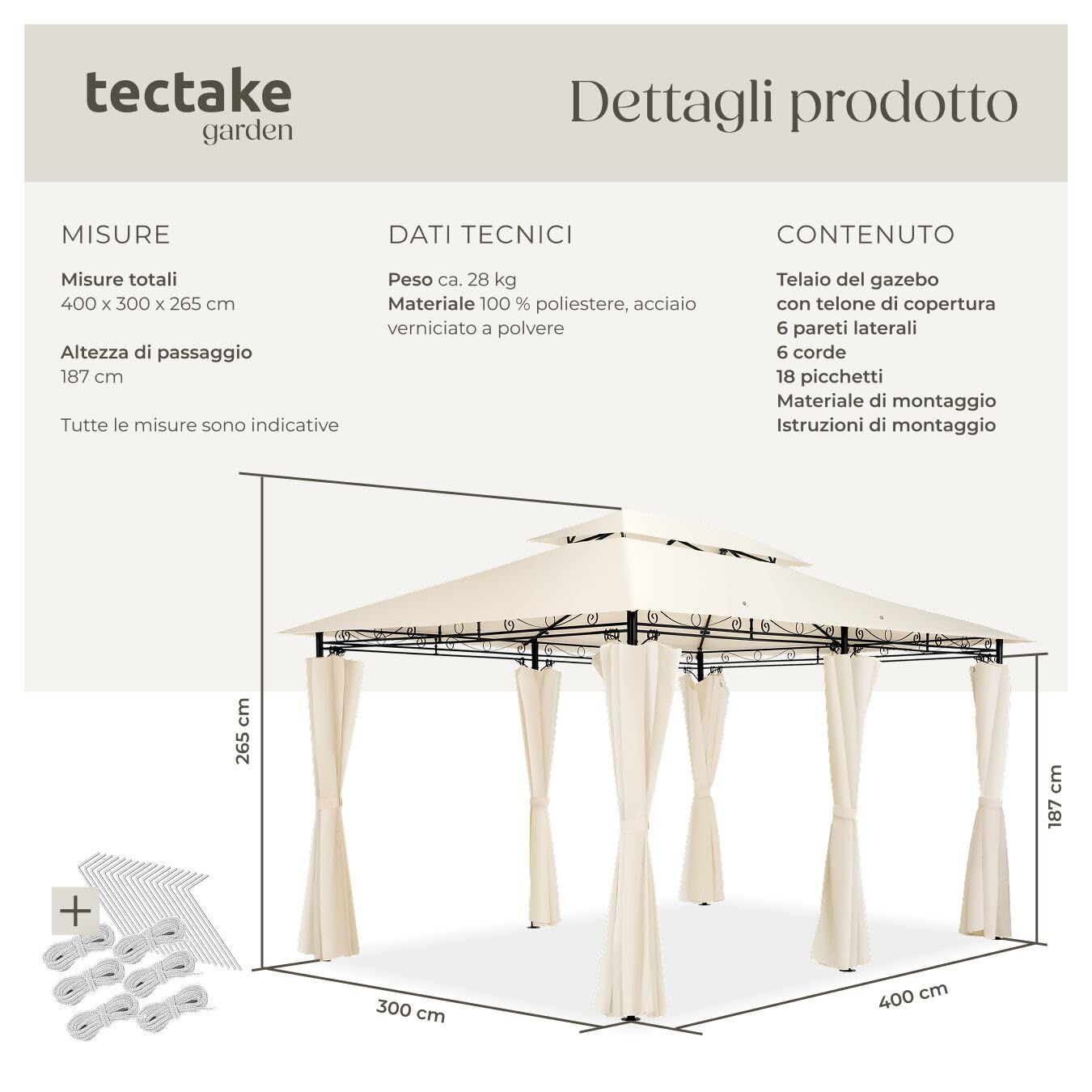 tectake® Gazebo da Giardino Deluxe, 400x300x265 cm, Gazebo Esterno Resistente con 6 Teli Laterali, Tendone da Esterno Regolabile ed Impermeabile, Resistente Raggi UV, Tenda Giardino, Sagre - Crema