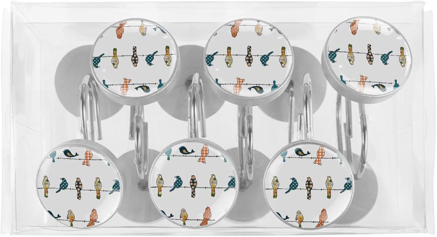 Rowley Birds Floral Pattern Decorative Shower Curtain Hooks Rings Set of 12 Hooks for Shower Curtain Rustproof Curtain Rings for Bathroom