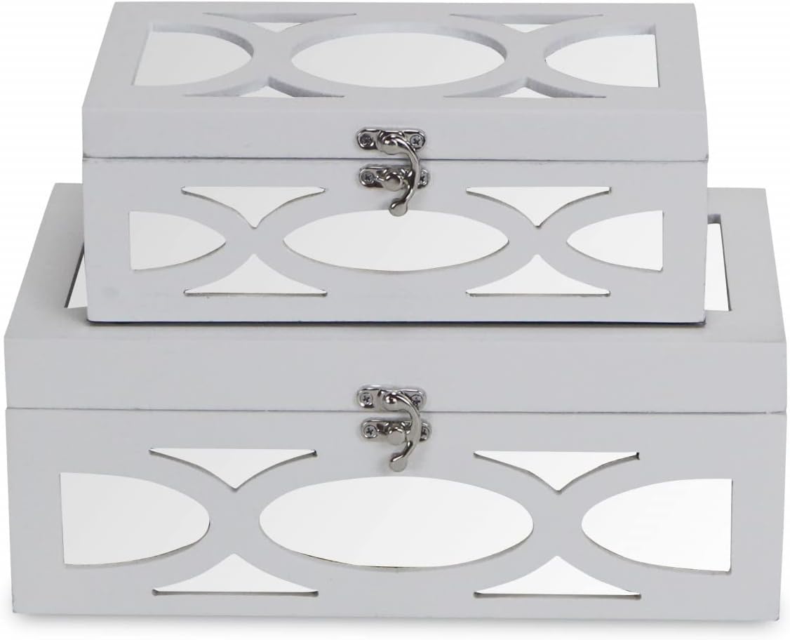 HomeRoots Set of Two White Mirrored Glass And Wood Box With Lid