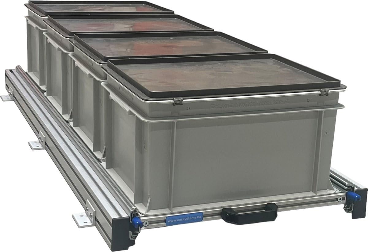 Plateau coulissant en aluminium pour camping-car 120x40 cm comprenant 4 bacs plastiques avec couvercles