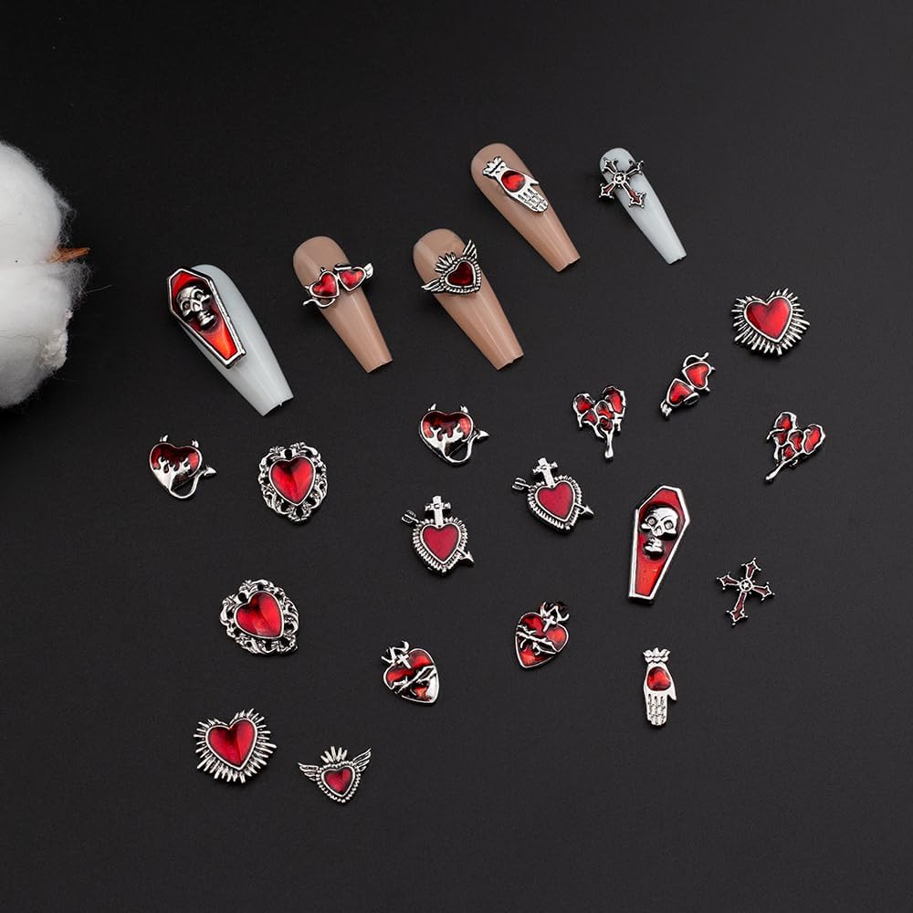 Y2K 3D Chrome Gem Nail Charms - Gothic Set with Cross, Heart, Tombstone, Red & Retro Designs - DIY Bracelet Charms