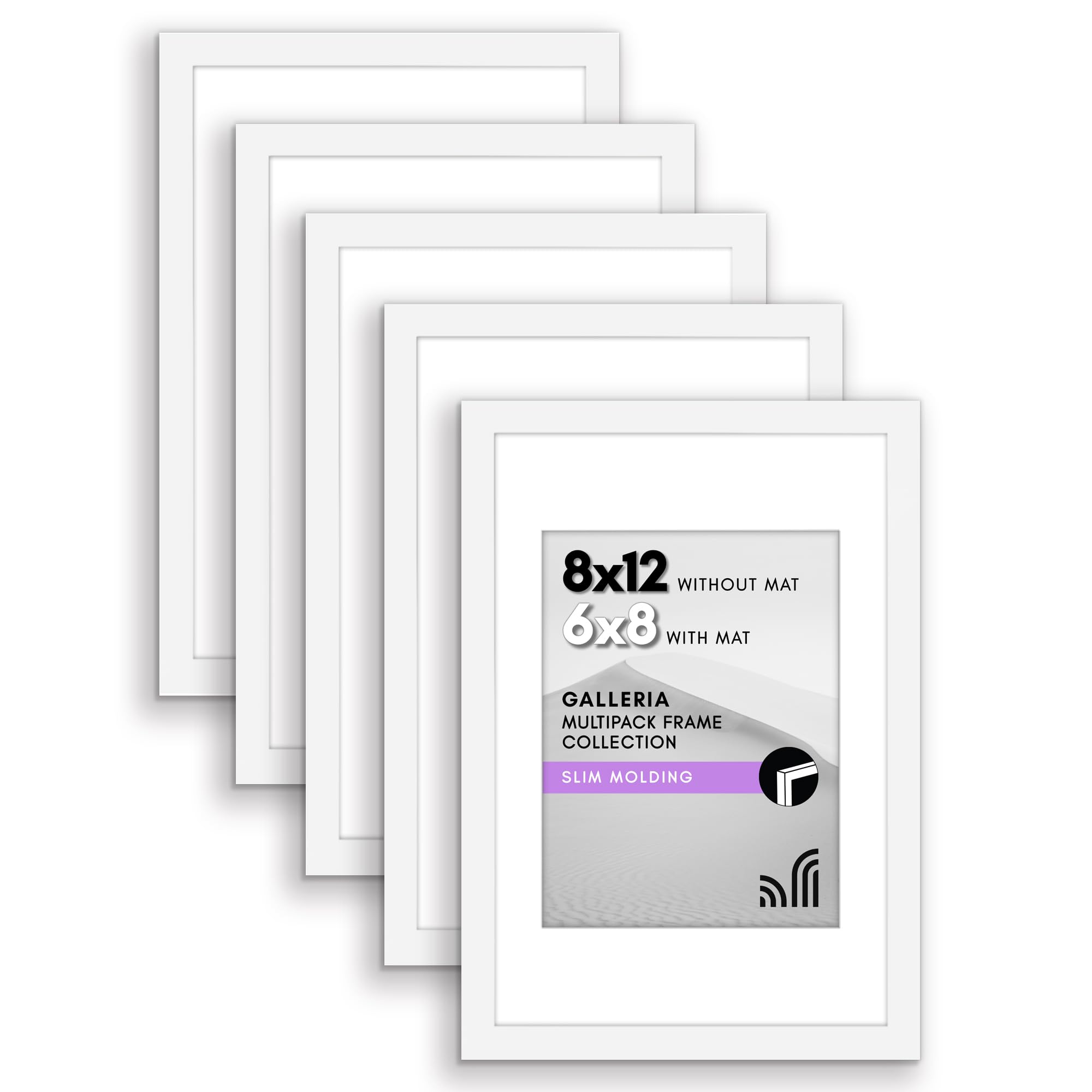 Americanflat 8x12 Picture Frame with Polished Plexiglass - Set of 5 - Use as 6x8 Frame with Mat or 8x12 Frame Without Mat - Galleria Collection - Gallery Wall Frame Set for Wall Display - White
