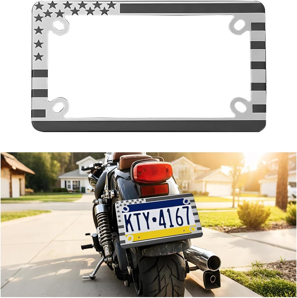 Motorcycle License Plate Frame, American Flag Patriotic Aluminum Motorbike Tag Holder, USA Flag Star and Strips Motorbike Tag Plate Bracket, Universal for Most Motorcycles