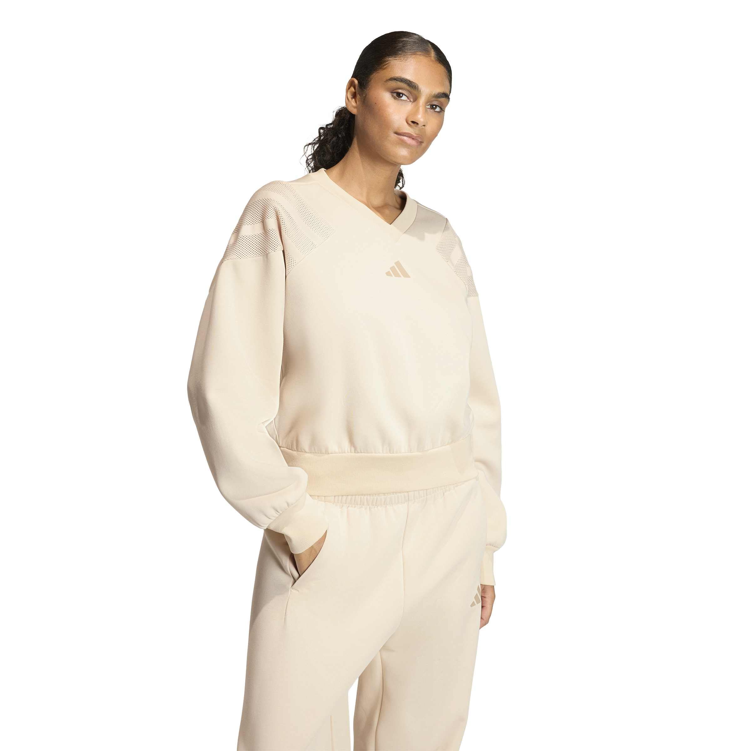 adidas dames FUTURE ICONS THREE STRIPES V NECK SWEATSHIRT, Crystal Linen, S