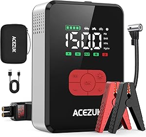 ACEZUK 7000A Starthilfe Powerbank für Pkw mit Kompressor 150PSI 12V Starthilfe Batteriepack (All Gas/12L Diesel), Autobatterie Starter mit Tragbaren Starthilfekabeln, LED-Leuchten