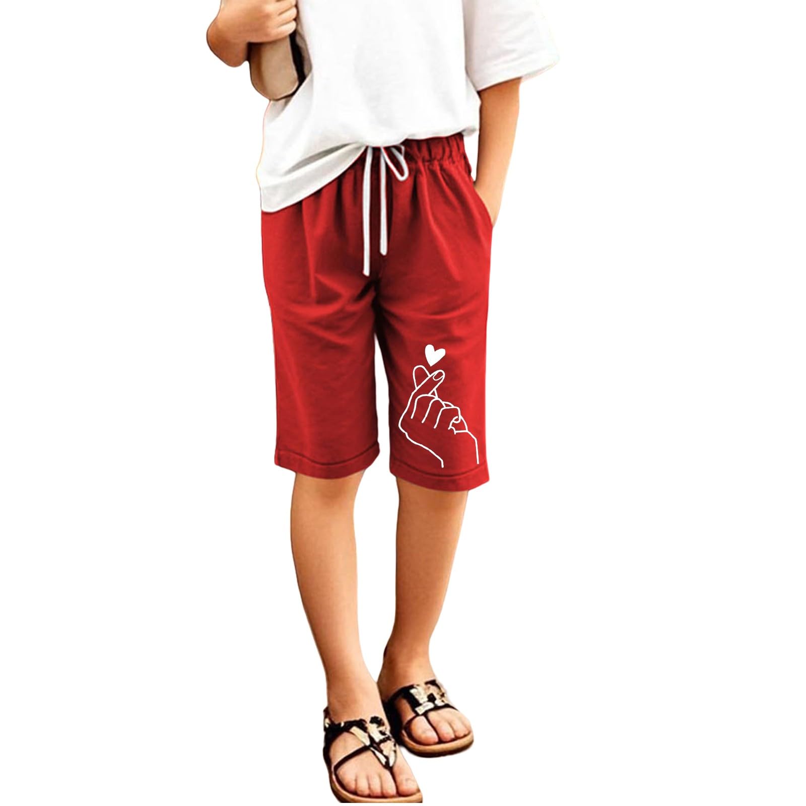 Generisch Leinenhose Kurze Mädchen Leicht Shorts Sommer Freizeit Hose Baumwolle Leinen Strandshorts Elastische Taille Sommerhose Elegant Einfarbig Stoffhose mit Taschen Sweatshorts