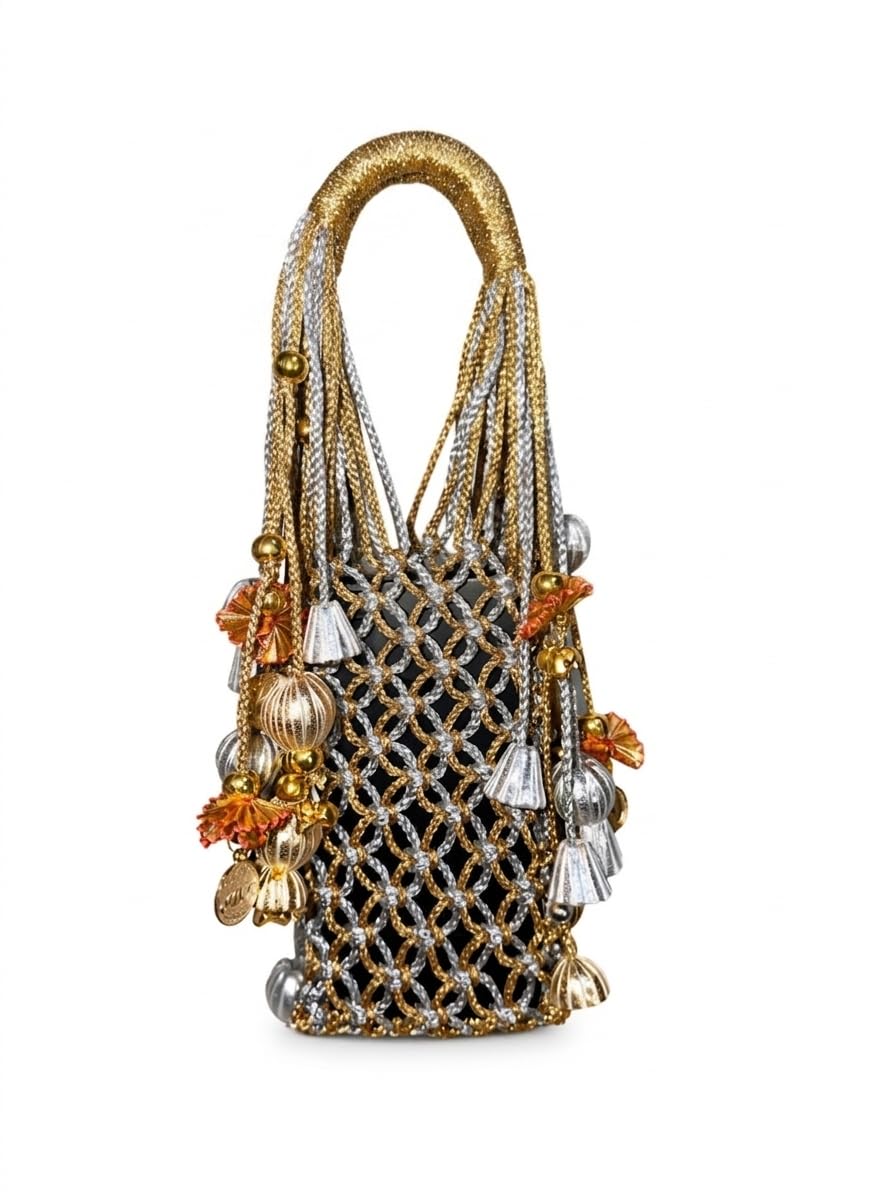 Women’s Designer Macrame Potli Bag | Handmade Knotted Handbag with Ring Handle, Tassel Charms & Bead Embellishments | Ethnic Party, Wedding & Festive Clutch Purse for Women-image-26
