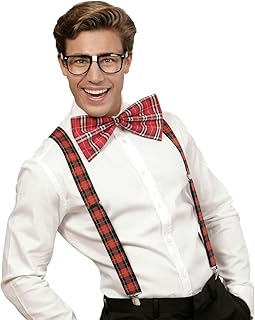 Amakando Travestimento da secchione Set Costume da Nerd quadrettato Vestito Geek Uomo Mascheramento da sgobbone Bretelle Papillon Occhiali Fantasia Scozzese a Quadri Outfit di Cattivo Gusto