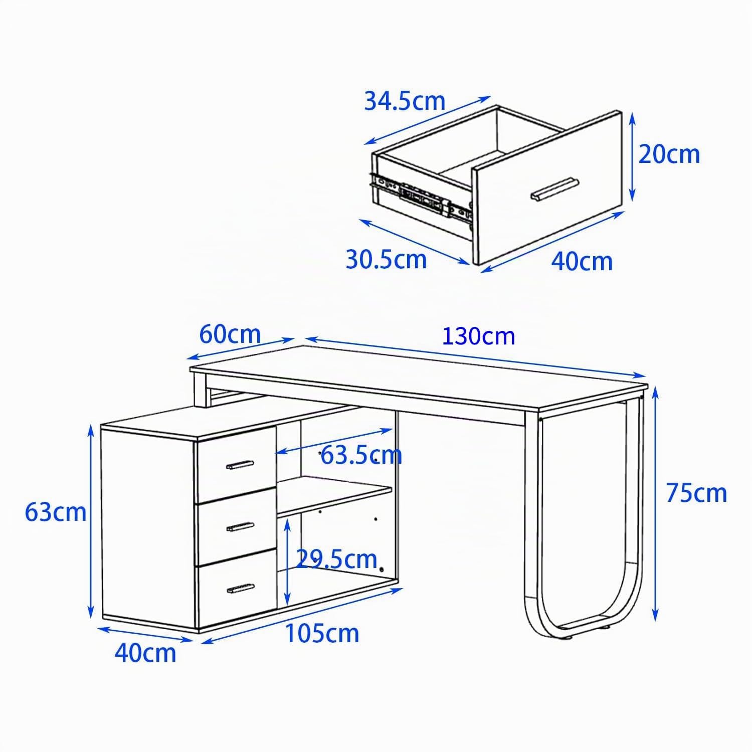Escritorio en forma de L, escritorio de esquina, escritorio para ordenador, escritorio con 3 cajones y 2 compartimentos abiertos, mesa de trabajo, mesa de oficina, 130 x 105 x 75 cm, MDF