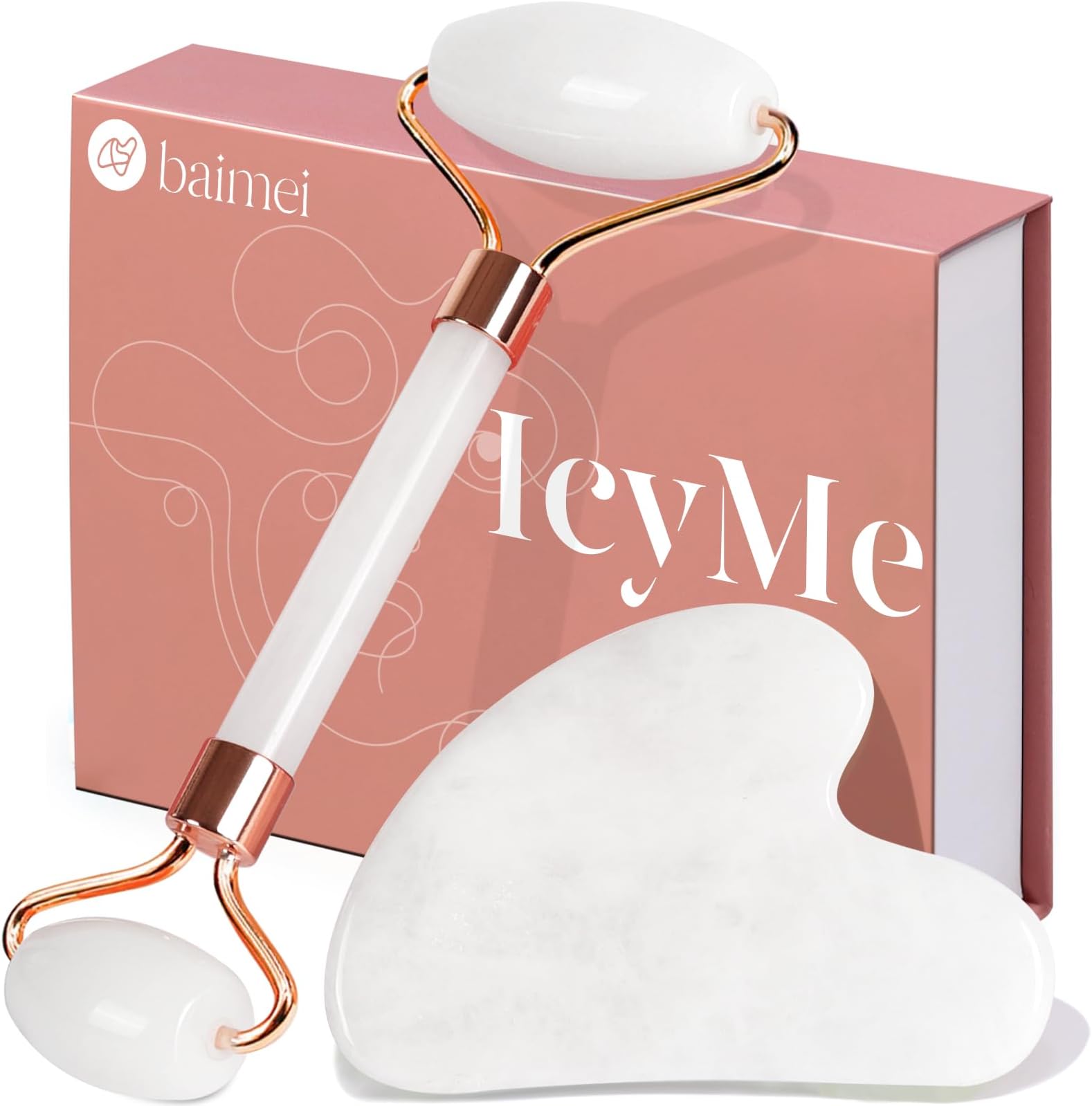 (3-2pcs-white) - Face Roller & Gua Sha Set, Jade Facial Roller Beauty Massage Tool, for Face, Neck and Body Muscle Relaxing and Stimulating Blood Flow, Relieve Fine Lines and Wrinkles (White)