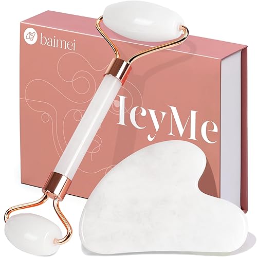 BAIMEI IcyMe - Juego de rodillo de jade y Gua Sha, rodillo facial y herramientas faciales de Gua Sha para rutina de cuidado de la piel y hinchazón,