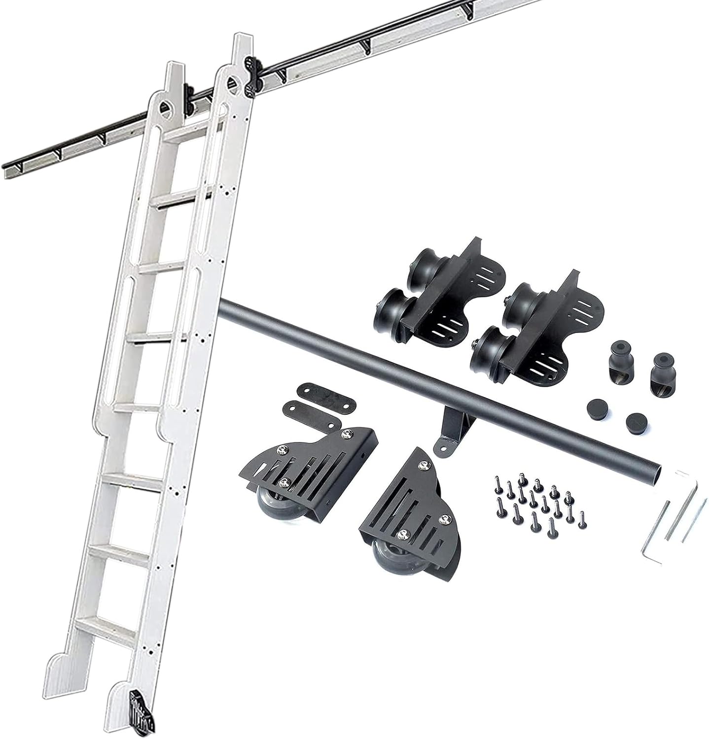 Retractable Sliding Library Ladder Hardware Kit, Round Tube Mobile Ladder Tracks +Extension Accessories, Rolling Track with Floor Roller Wheels (No Ladder)(16ft/500cm Track kit)
