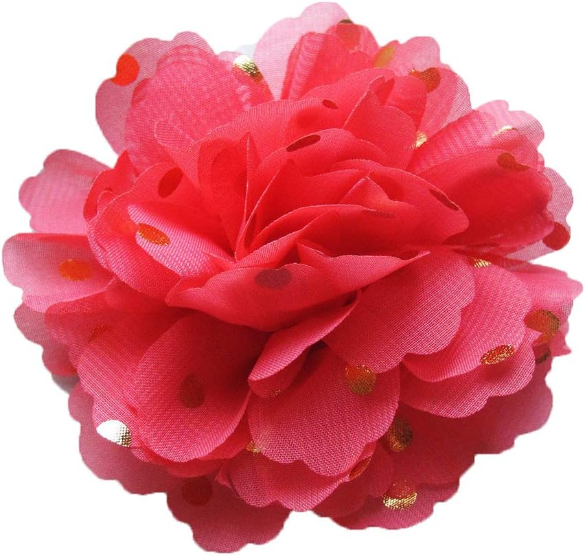 Girls Women Chiffon Gold Polka Dots Flower Hair Clip Bobble Brooch Pin (3.5cm Safety Pin, Coral)