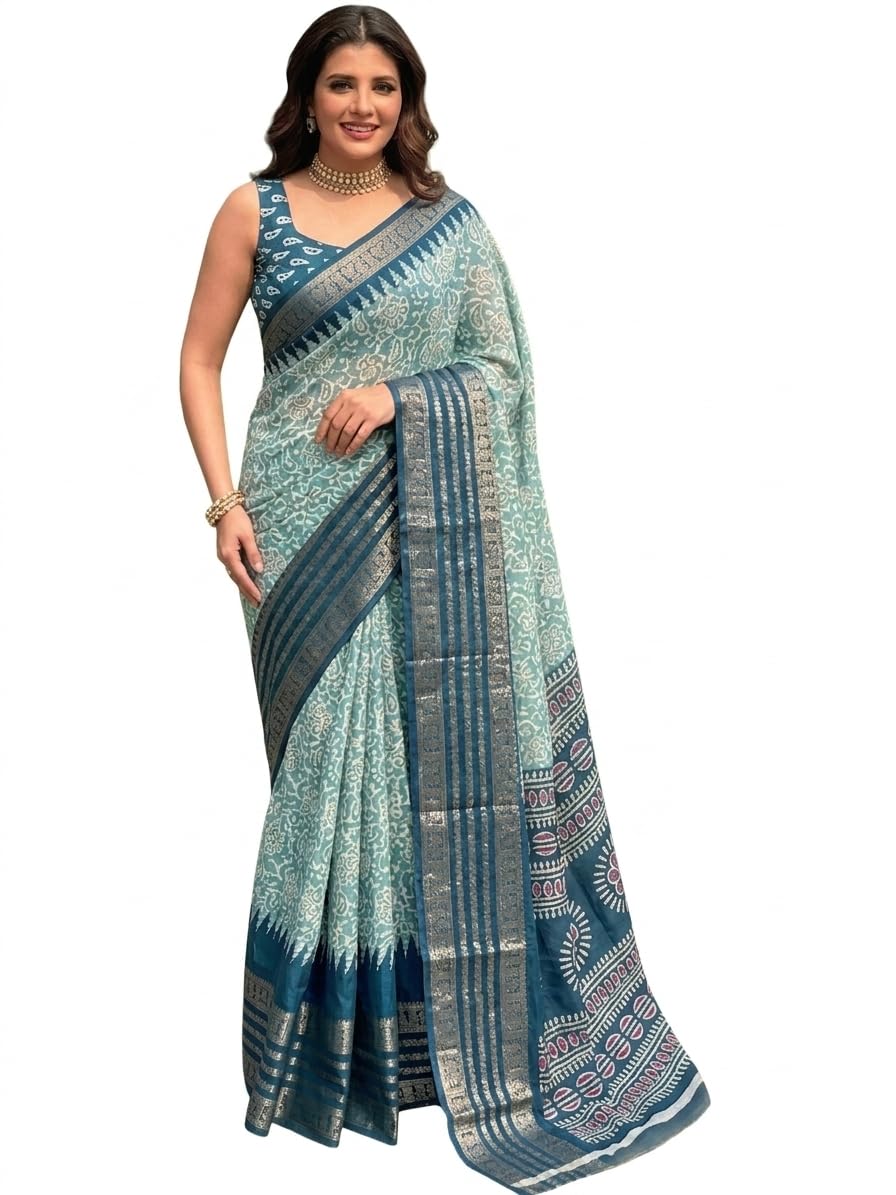 superlaxmi Women's Trendy Pure Dola Silk Floral Kalamkari Leheriya Printed Saree With Jacquard Border-picture-15