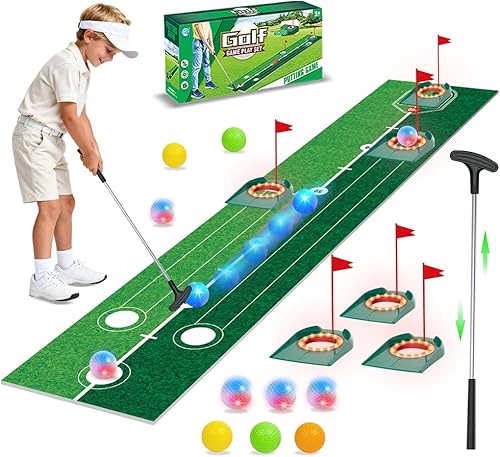 VATOS Juego de Putting de Golf para Niños - Juguetes de Golf que se Iluminan con Tapete de Putting, Putter, 3 Hoyos y 6 Pelotas (3 Brillantes),